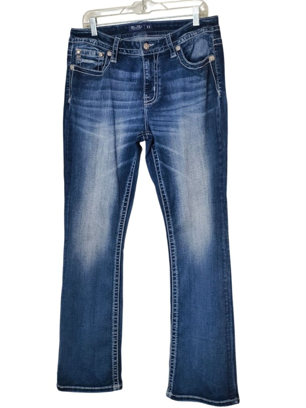 Miss Me Mid-Rise Bootcut Jeans 33x33 Distressed Denim Embroidered Rhinestone Pre